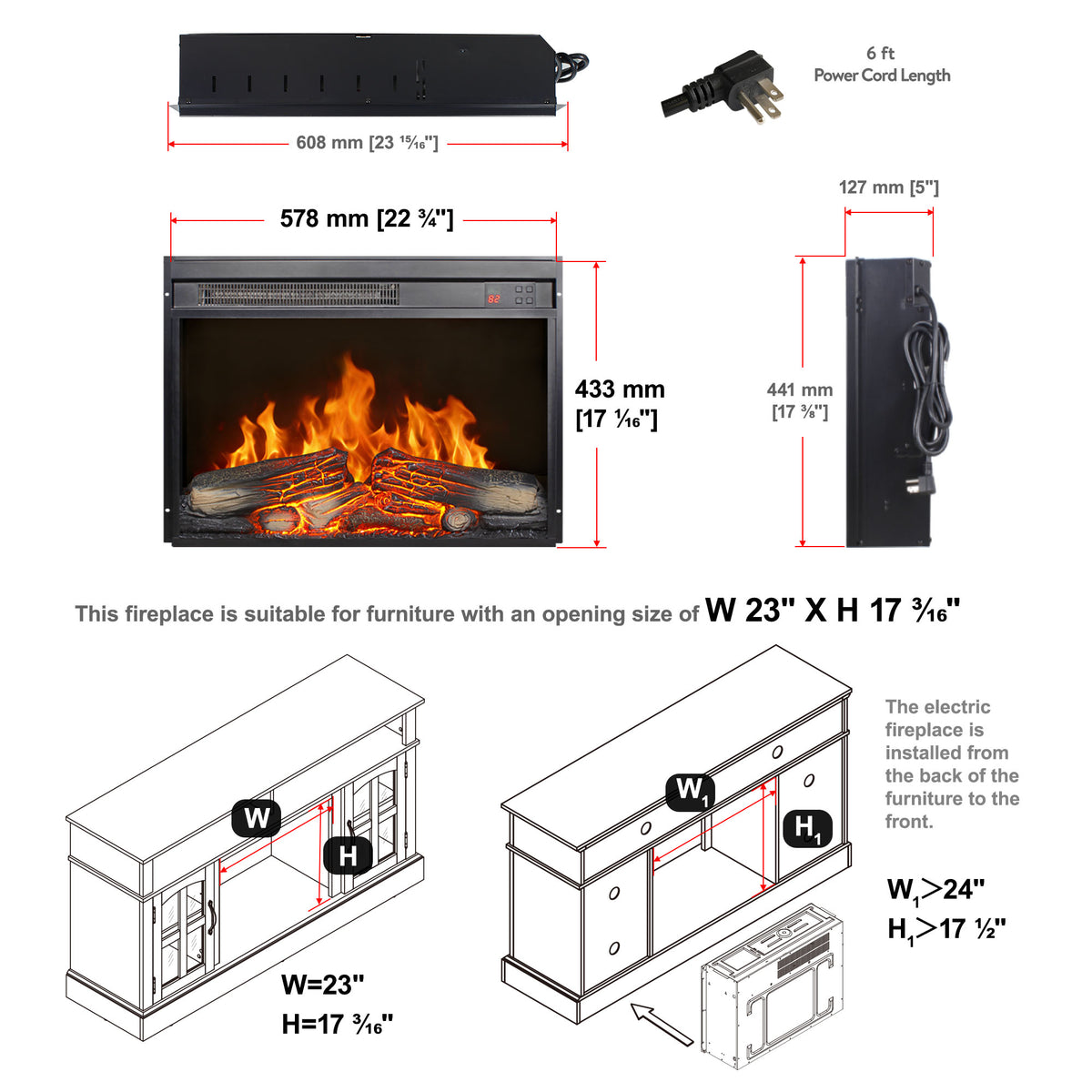 Enyopro 23" Electric Fireplace Insert Heaters for Inside, 1400W Stove Heater with Adjustable 3D Flame and Low Noise, Overheating & Tip-Over Protection, CSA Certification