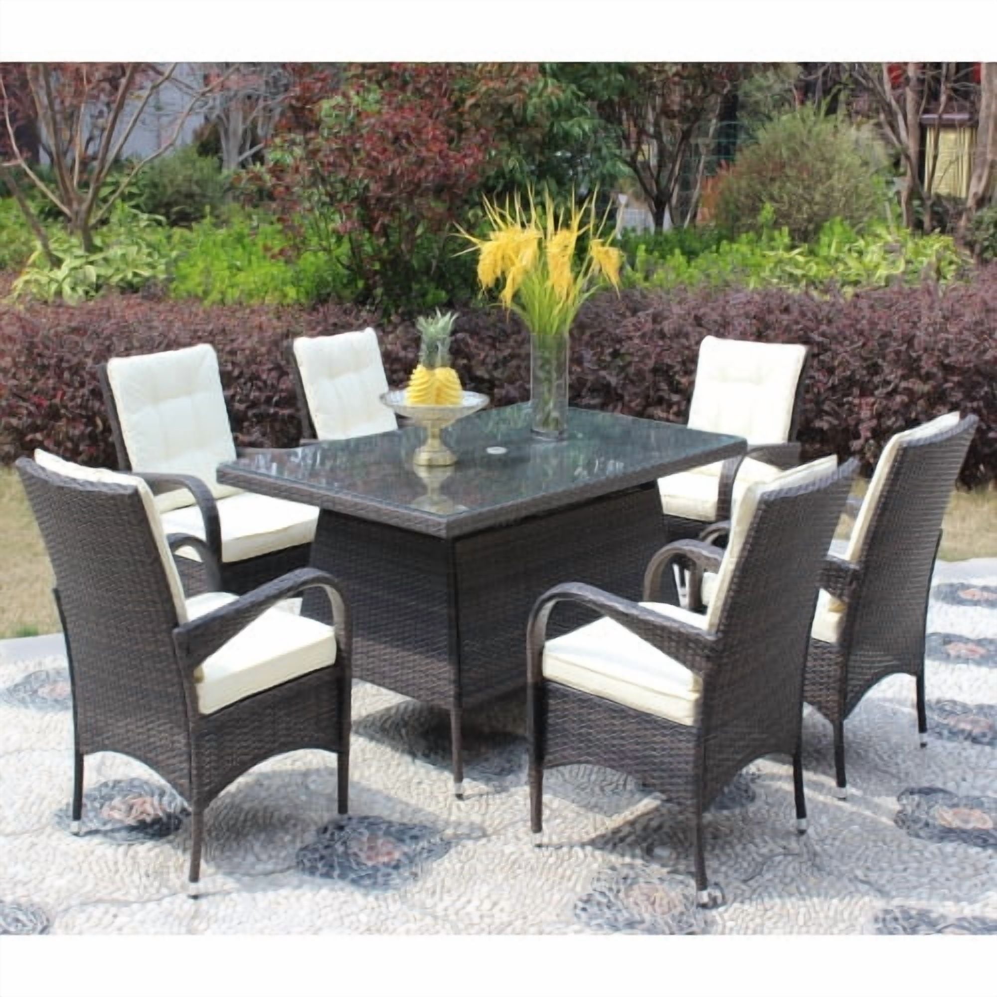 Outdoor Patio Dining Table 63" x 39.4" Rectangular Aluminum Outdoor Clear Glass Dining Table, seats 6, brown
