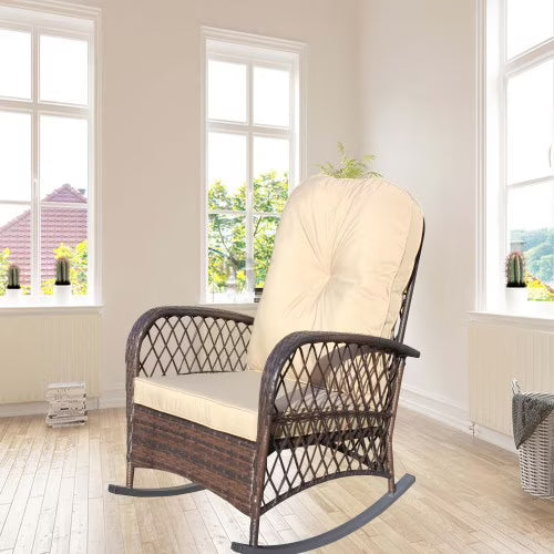 Outdoor Patio Rattan Rocking Chair with Thick, Soft Cushions and a Wide Seat. All-Weather Comfort Rattan Rocking Chair, Suitable for Porches, Balconies, Backyards, and Apartments.Brown .