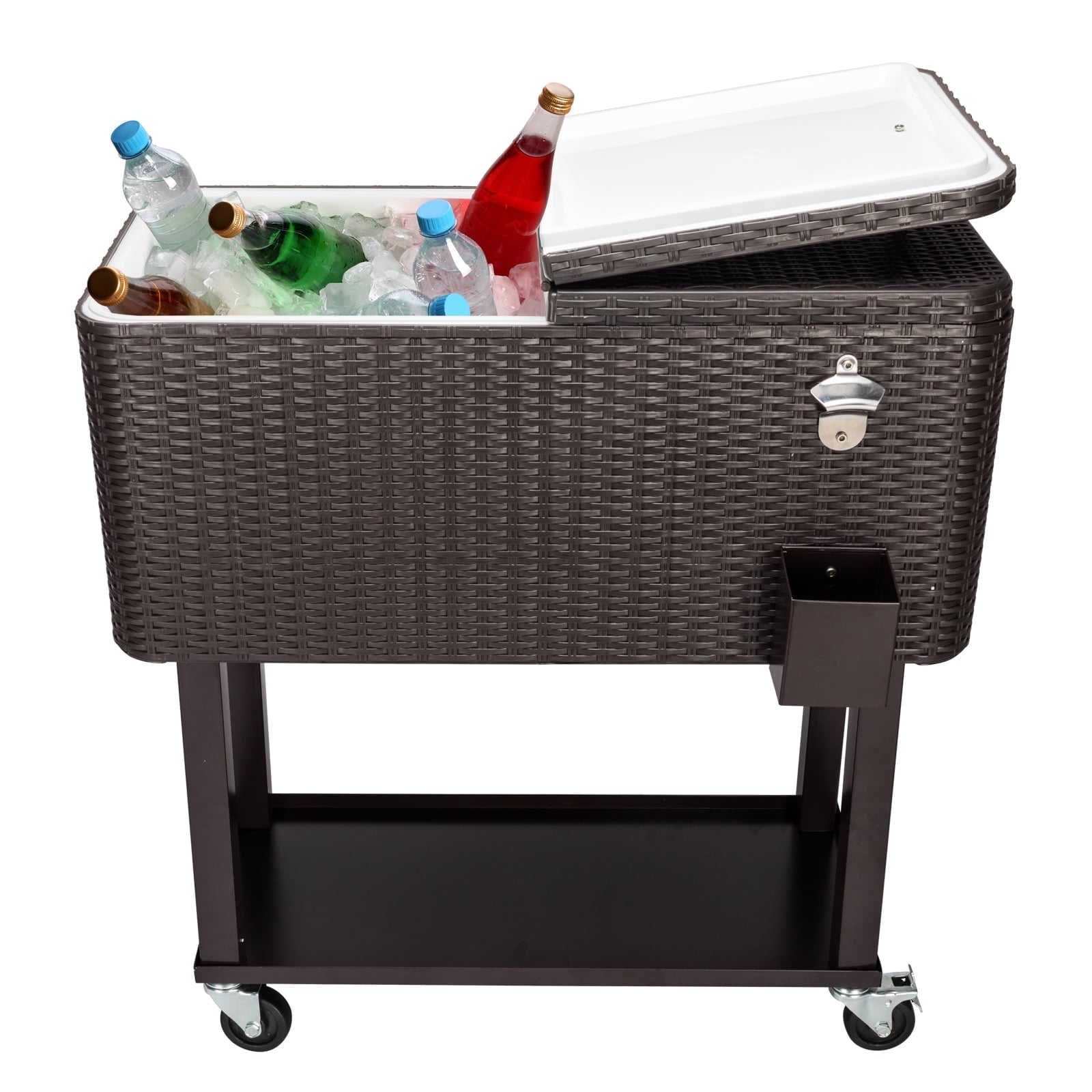 Outdoor Rattan Beverage Cooler Cart, 80 Quart Rolling Patio Cooler for Outdoor Deck Party, Portable Wicker Ice Chest Cooler with Wheels, Shelf, Bottle Opener, JA2261