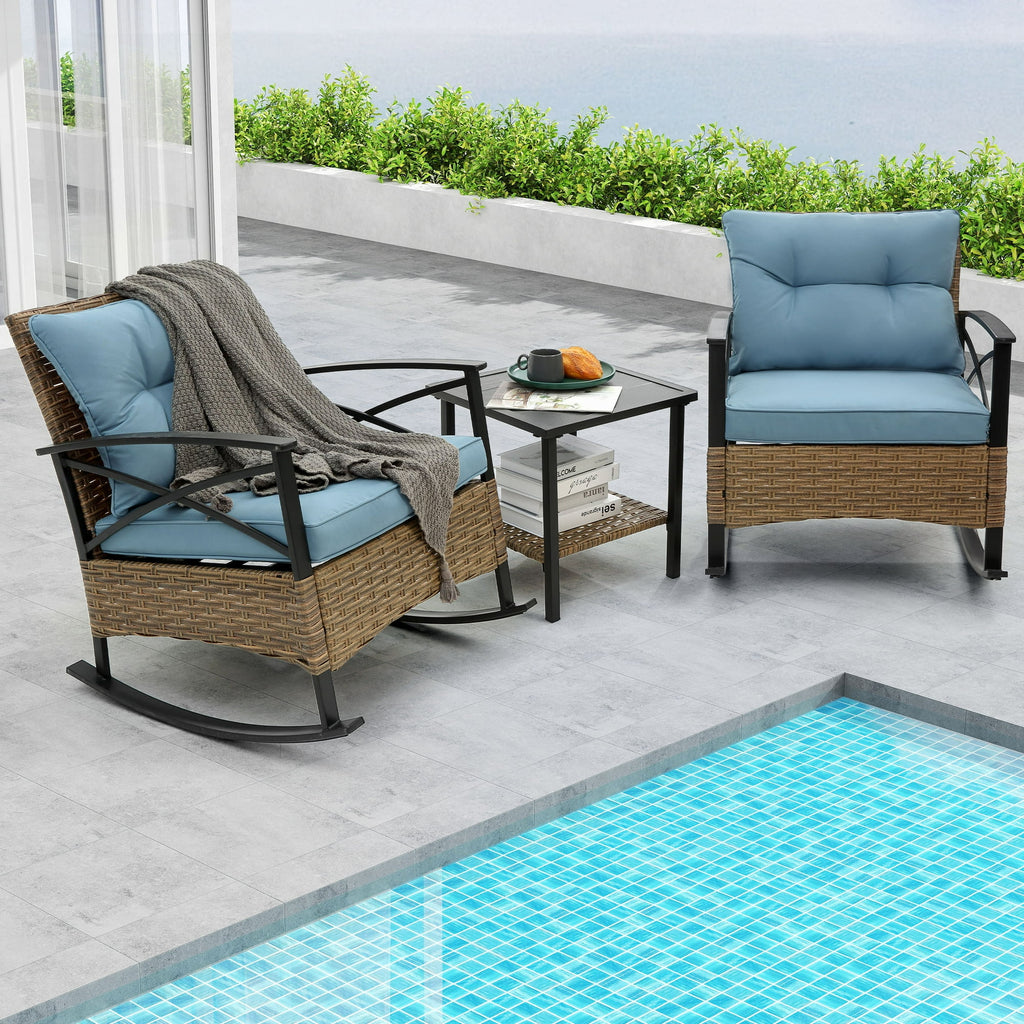 Enyopro 3 Pieces Wicker Rocking Chairs, Outdoor Patio Furniture Sets, Modern Conversation Set with Cushion and Dual-Layer Coffee Table, 300LBS Weight Capacity, Blue