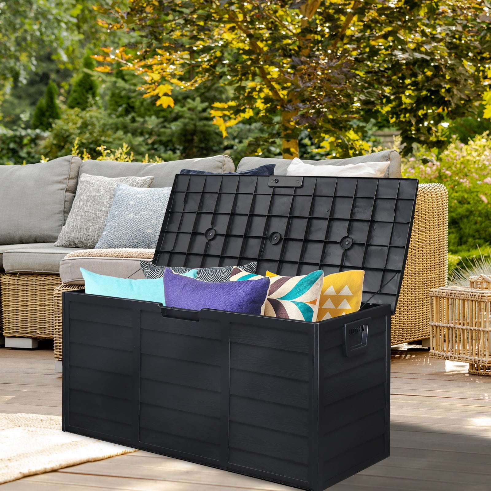 75 Gallon Outdoor Deck Box, Modular Storage Box for Patio Pillows, Pool Equipment and Garden Tools, Weatherproof Container with Lockable Lid, Brown