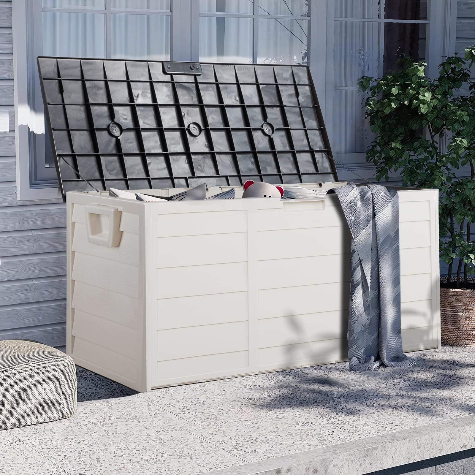 75 Gallon Outdoor Deck Box, Modular Storage Box for Patio Pillows, Pool Equipment and Garden Tools, Weatherproof Container with Lockable Lid, Brown