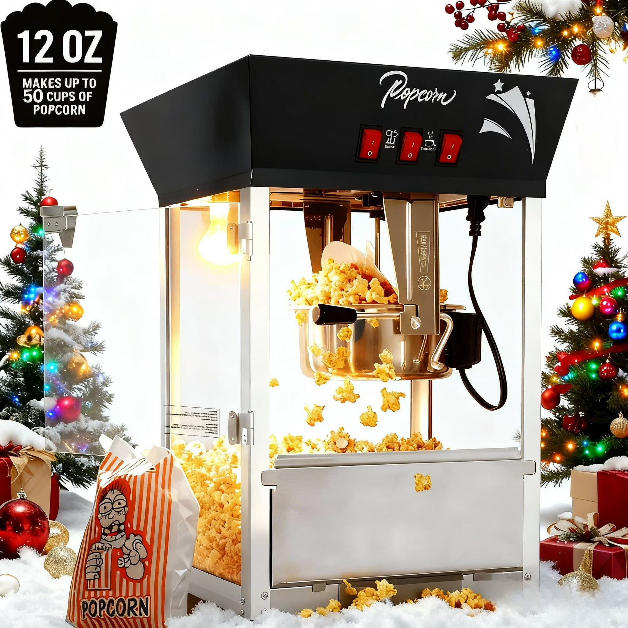 Popcorn Machine Commercial, Enyopro 12oz Kettle Stainless Steel Popcorn Machine with Tempered Glass, Warming Deck, 850W Countertop Popcorn Popper for Home, Movie Theatre, Parties