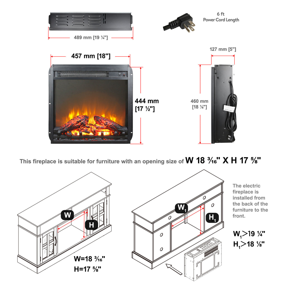18" Fireplace Heaters for Inside, 3D Electric Fireplace Insert, 1400W Remote Control Fireplace Heater, Adjustable Flame and Low Noise, CSA Certification
