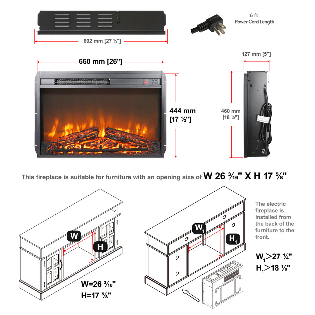 26" Electric Fireplace Insert, Wall Recessed 3D Electric Fireplace, 1400W Fake Fireplace Heater with Adjustable Flame and Timer