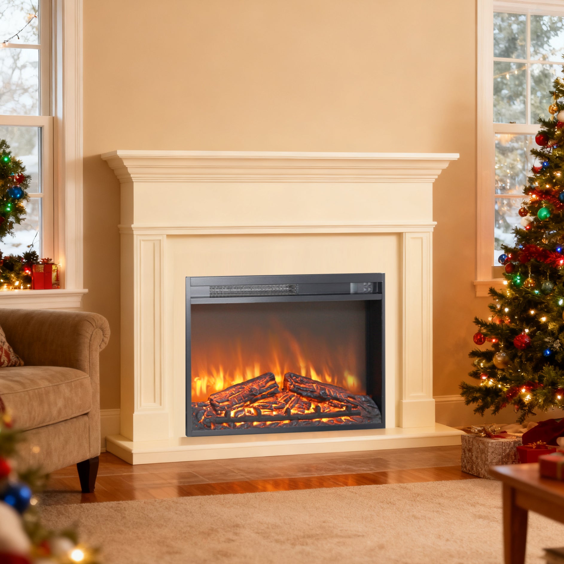 26" Electric Fireplace Insert, Wall Recessed 3D Electric Fireplace, 1400W Fake Fireplace Heater with Adjustable Flame and Timer