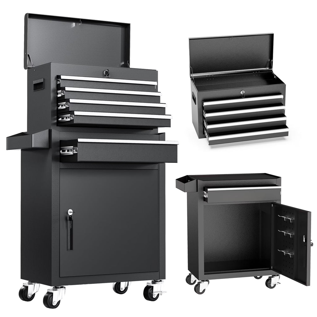 5-Drawer Rolling Tool Chest, Stainless Steel Tool Box with Brake Wheels and 4 Drawers, Black Detachable Tool Cart, Black