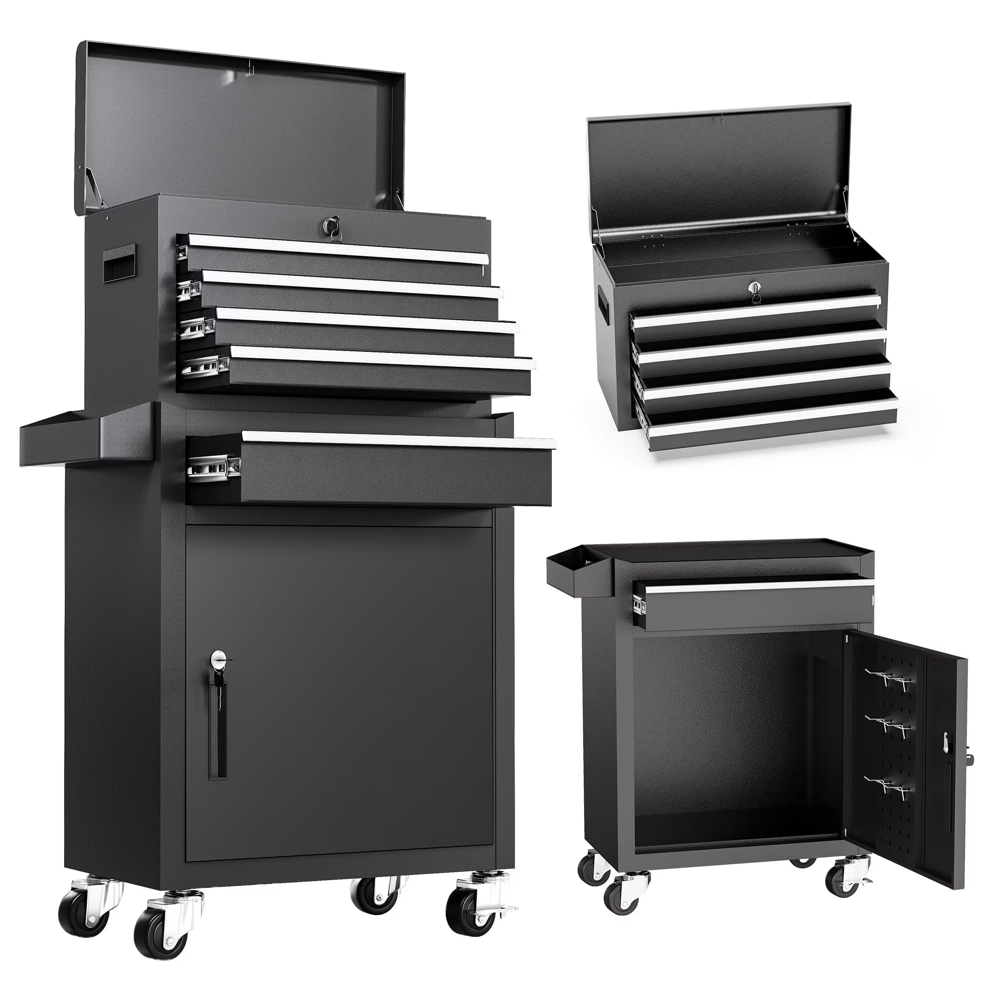 5-Drawer Rolling Tool Chest, Stainless Steel Tool Box with Brake Wheels and 4 Drawers, Black Detachable Tool Cart, Black