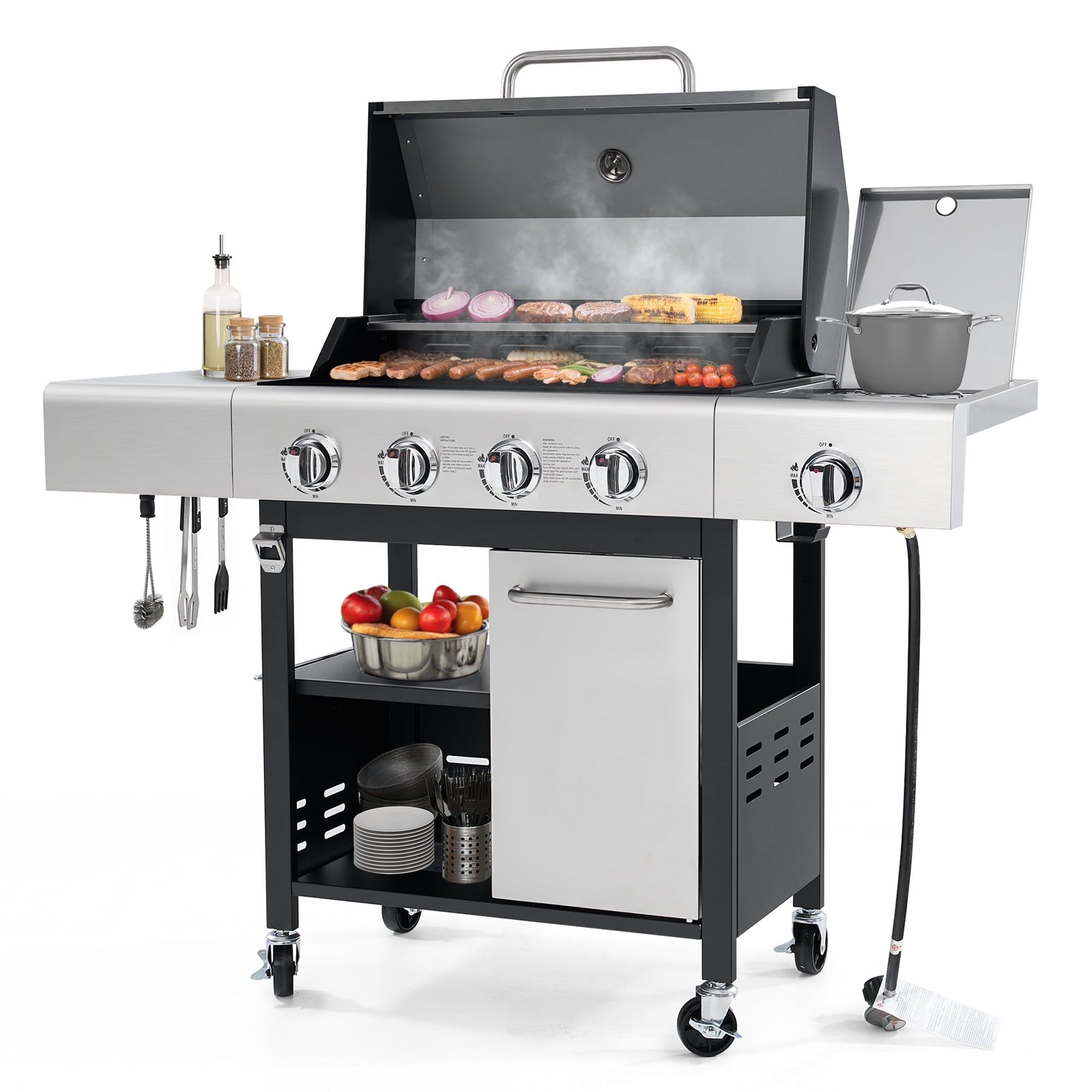 Sesslife 4 Burner BBQ Propane Gas Grill with Side Burner, Stainless Steel 50,000 BTU Patio Barbecue Grill with Shelf,Gas Tank Hook,Towel Rack & BBQ brush,Fits for Camping, Outdoor