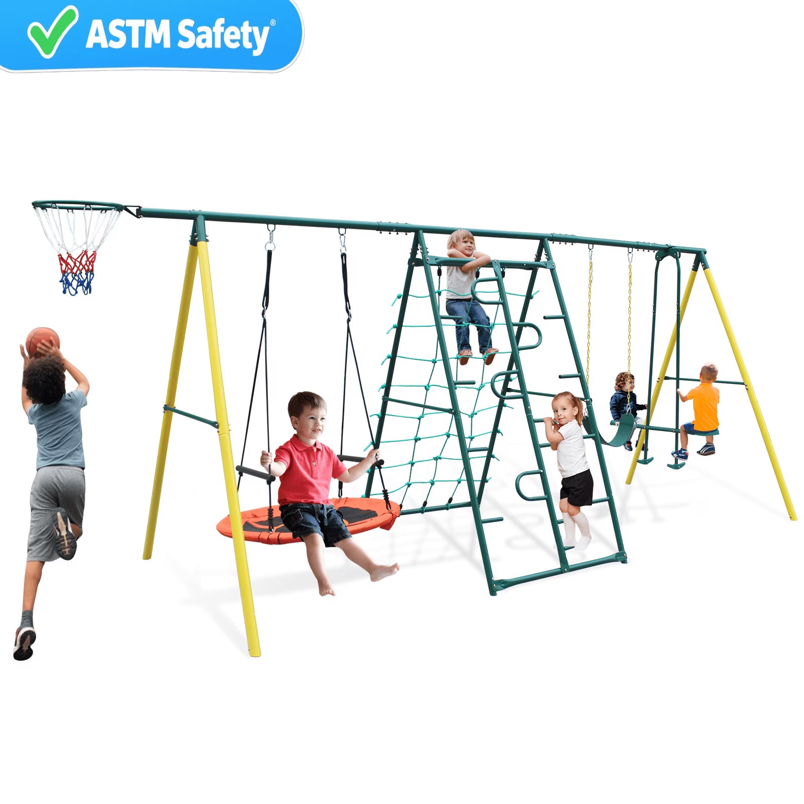 Swing Set for Outside, Heavy Duty A-Frame Metal Swing Set with Swing Chair, Climbing Ladder and Basketball Hoop, Outdoor Swing Frame, 4-5 Kids Swing Set Outdoor Games for Backyard