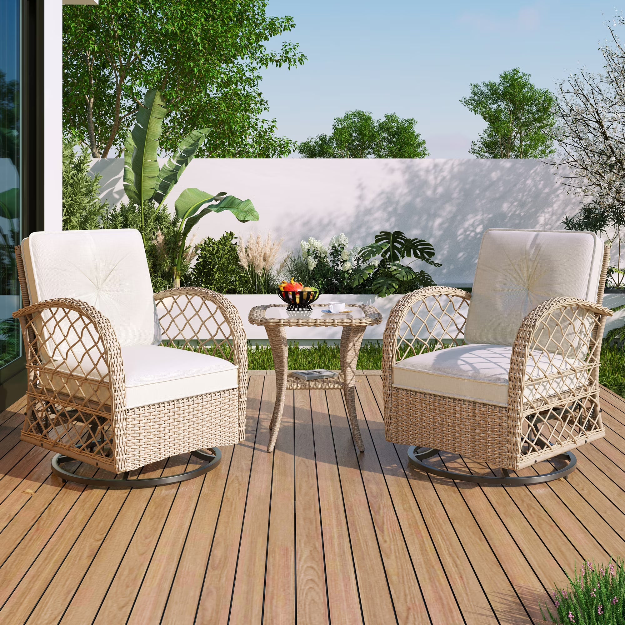 Three-Piece Patio 360-Degree Swiveling Rocking Chair Set, Handcrafted Rattan Casual Meeting Set with Double-Tiered Storage Glass Table, Suitable for Patios, Pools, Balconies, and Cafés
