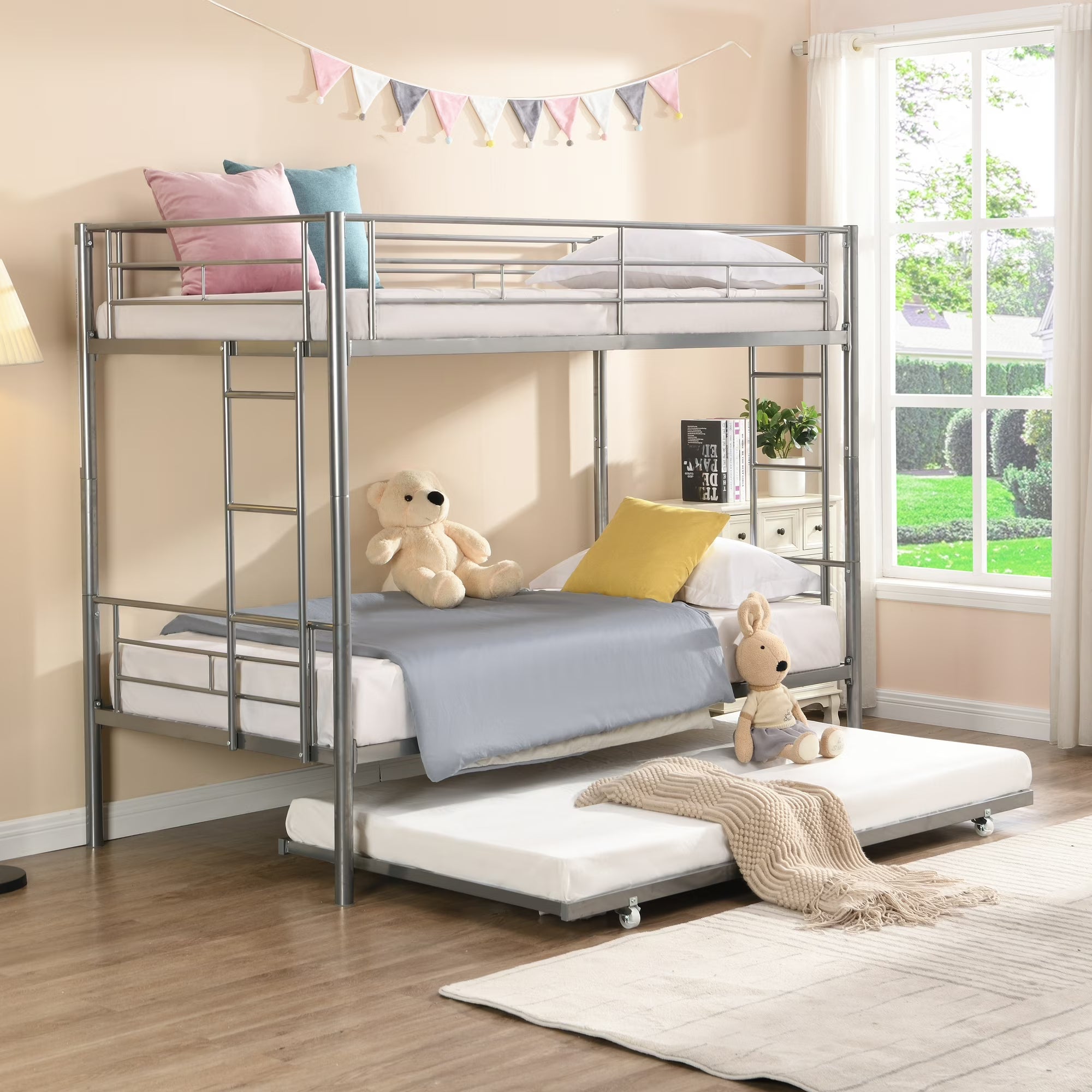 Twin Bunk Bed with Trundle, Metal Bed Frame Bunk Beds for Teens Adult with Ladder and Safety Guardrails, Silver Twin Over Twin Bunk Bed for Dormitory Bedroom Guest Room, TE748