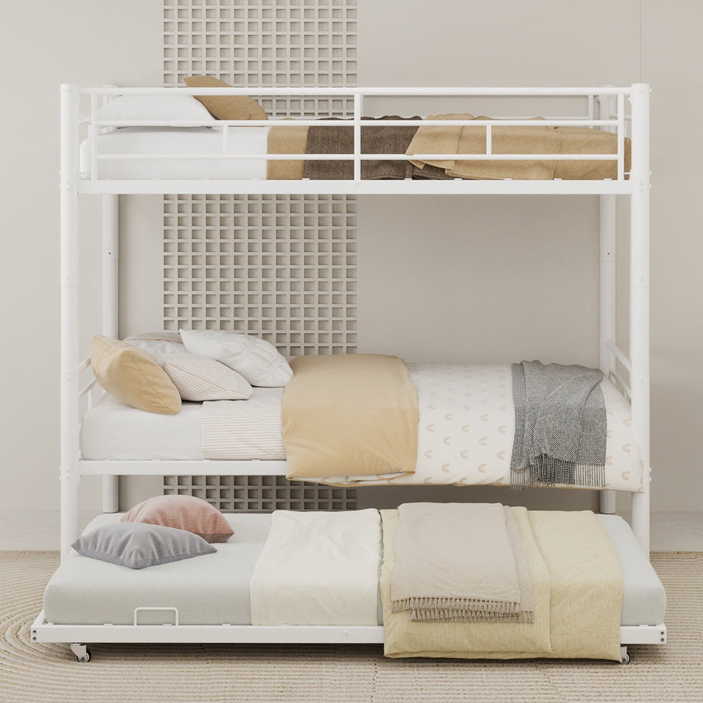 Twin over Twin Bunk Bed, Convertible Trundle Bunk Bed Frame, With Flat Ladder & Safety Guardrail, Noise Reduced/No Box Spring Needed,for Dormitory, Bedroom, Guest Room, Apartment,white.