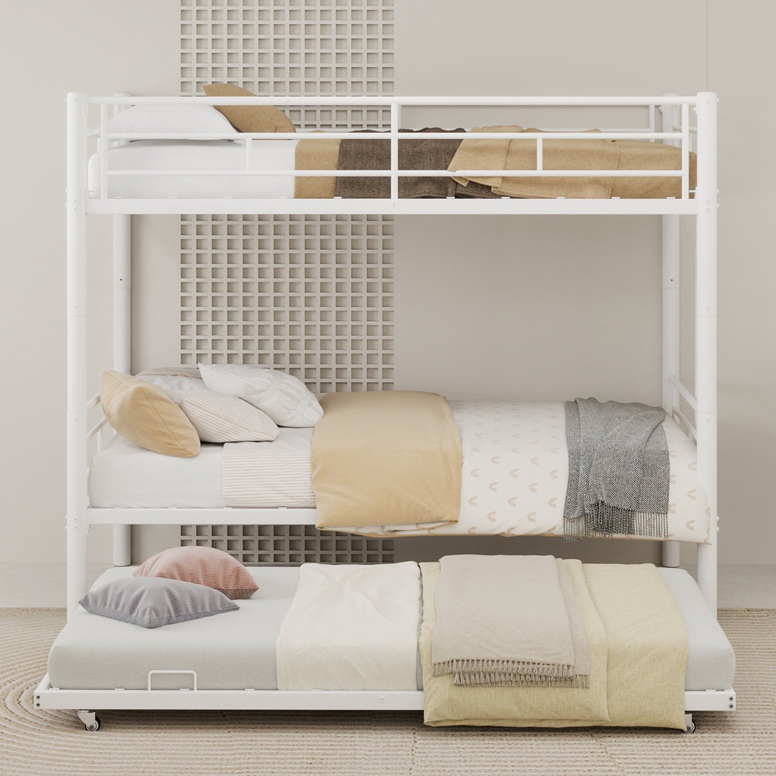 Twin over Twin Bunk Bed, Convertible Trundle Bunk Bed Frame, With Flat Ladder & Safety Guardrail, Noise Reduced/No Box Spring Needed,for Dormitory, Bedroom, Guest Room, Apartment,white.