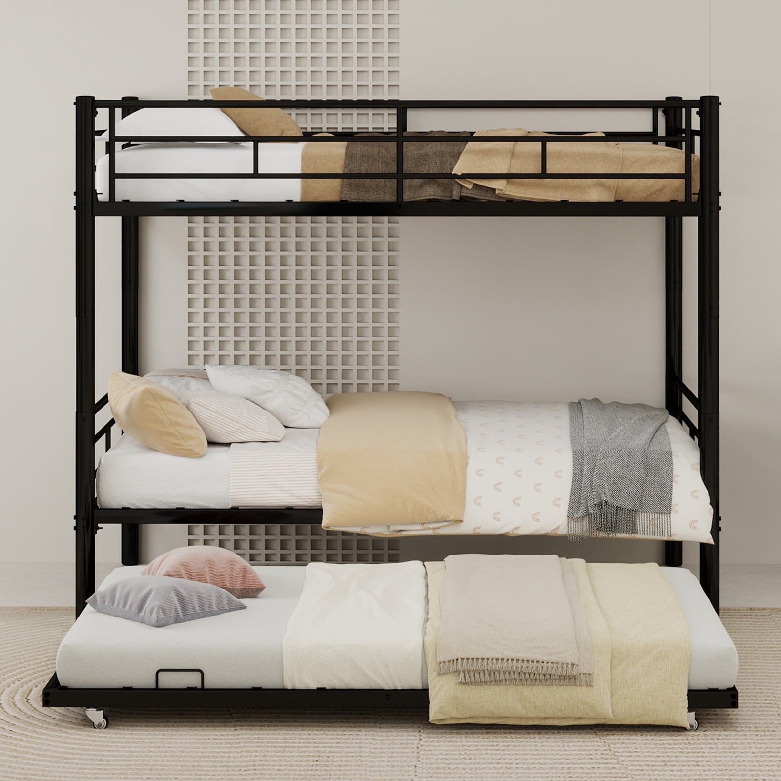 Twin over Twin Bunk Bed, Convertible Trundle Bunk Bed Frame, With Flat Ladder & Safety Guardrail, Noise Reduced/No Box Spring Needed,for Dormitory, Bedroom, Guest Room, Apartment,white.