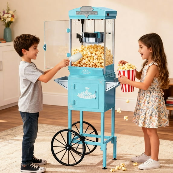 Enyopro Vintage Popcorn Maker Machine with Cart, 10 Oz Kettle, 4-5Miuntue Popping, Home Cinema and Entertainment Experience, As a Gift for Popcorn Lovers, Easy of Use and Clean, Vintage Teal