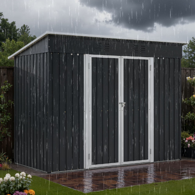 ENYOPRO 8' x 4' Outdoor Storage Shed, Galvanized Metal Garden Tool Shed with Lockable Double Doors, Sloped Roof & Vent for Bikes, Lawn Mower & Garden Tools, Gray