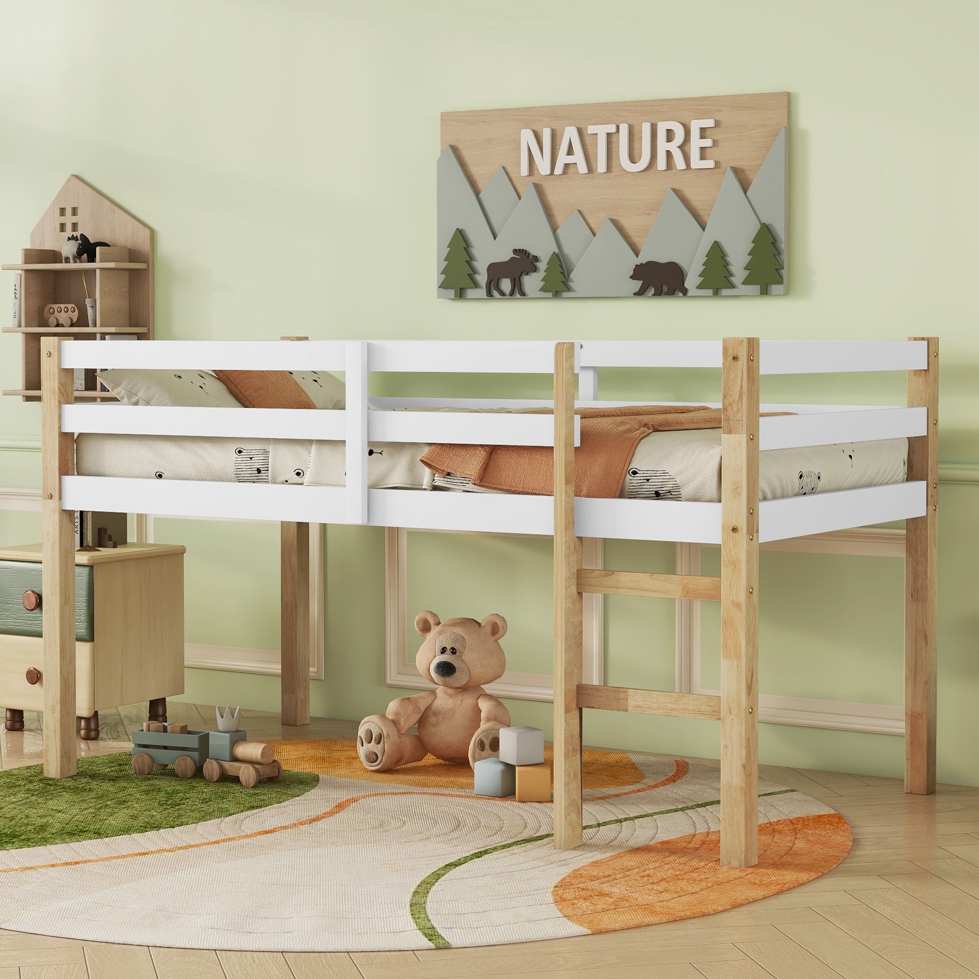 PAPROOS Twin Loft Bed with Ladder, Low Height Solid Wood Loft Bed Frame, Loft Bed with Guardrails and Storage Space Underneath, No Box Spring Needed, Pink