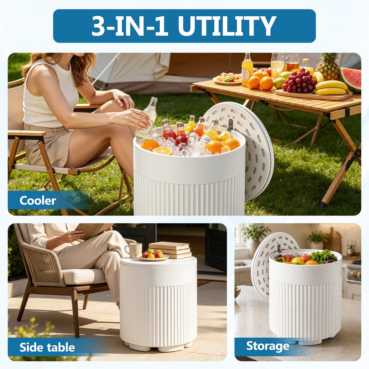 Enyopro 3-in-1 Outdoor Cooler Side Table, 10Gal HDPE Insulated Patio Table with Storage for use as Party, Patio Decor for Deck Poolside Garden, White
