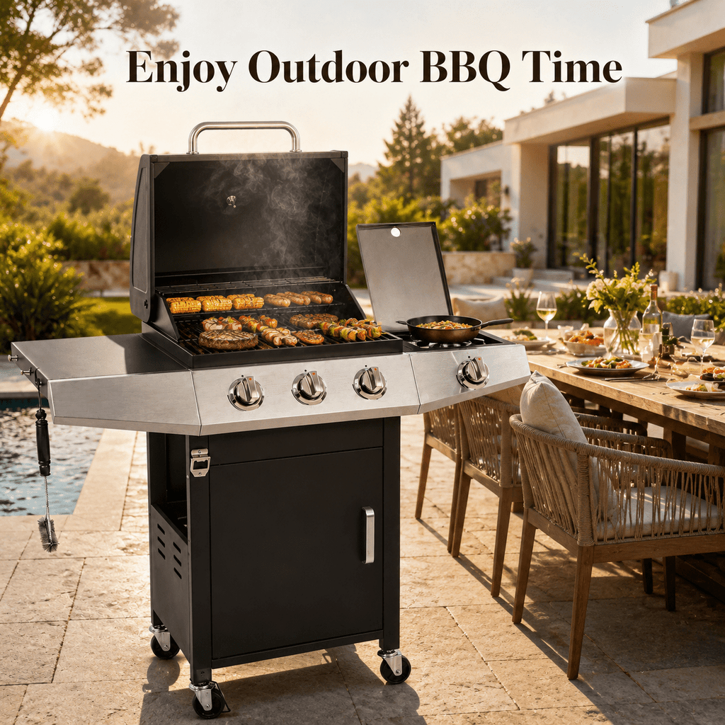 Enyopro 40000BTU Propane Gas Grill, 3 Burner Stainless Steel Barbecue Grill with Side Burner and Built-in Thermometer for Outdoor BBQ Patio Backyard