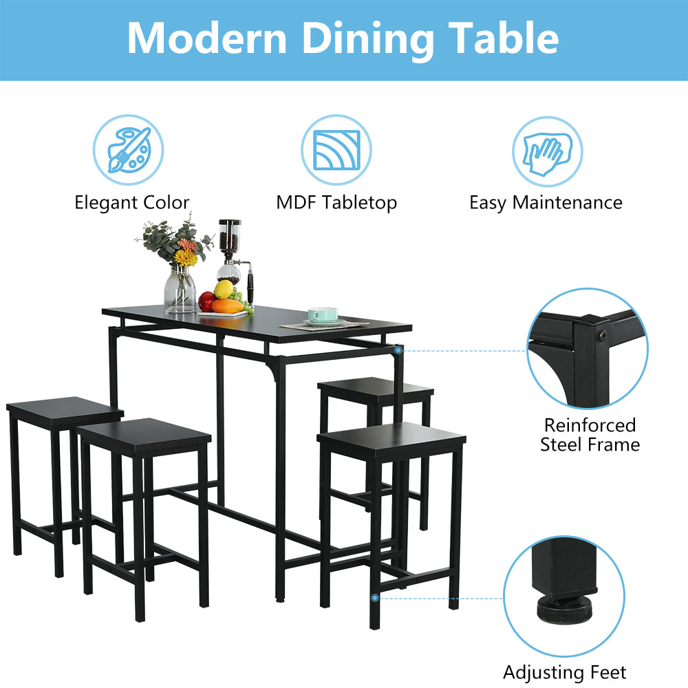 Counter Height Dining Set, 5 Pieces Dining Table Set with 4 Stools, Black Kitchen Tables Set for Small Spaces, Contemporary Bar Table Set for Breakfast Nook, Dining Room