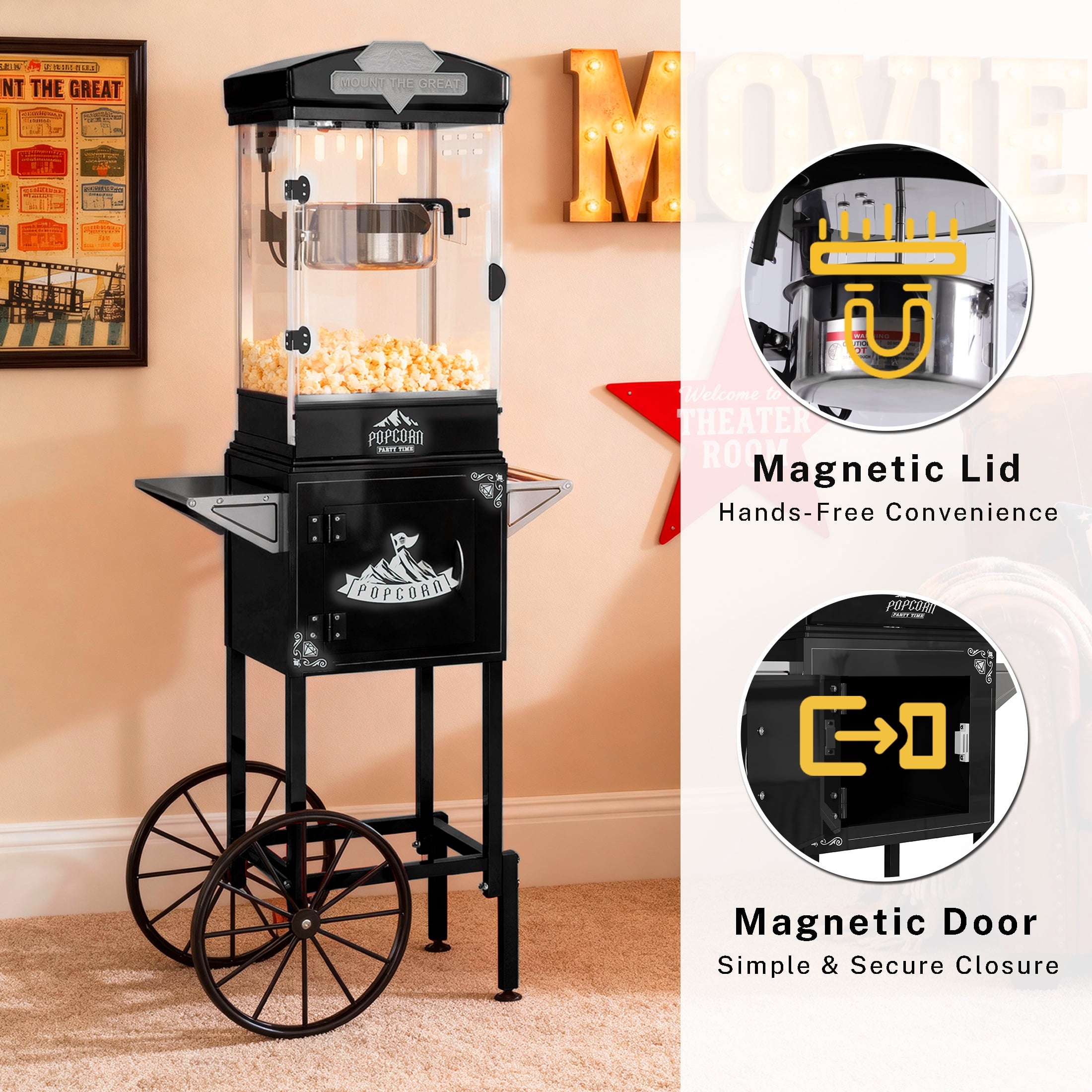 10 OZ Popcorn Machine, ENYOPRO Popcorn Maker with Cart, 40-Cup Capacity, Removable Stainless Steel Kettle, Perfect for Home Theater, Party, Wedding & Birthday,Black