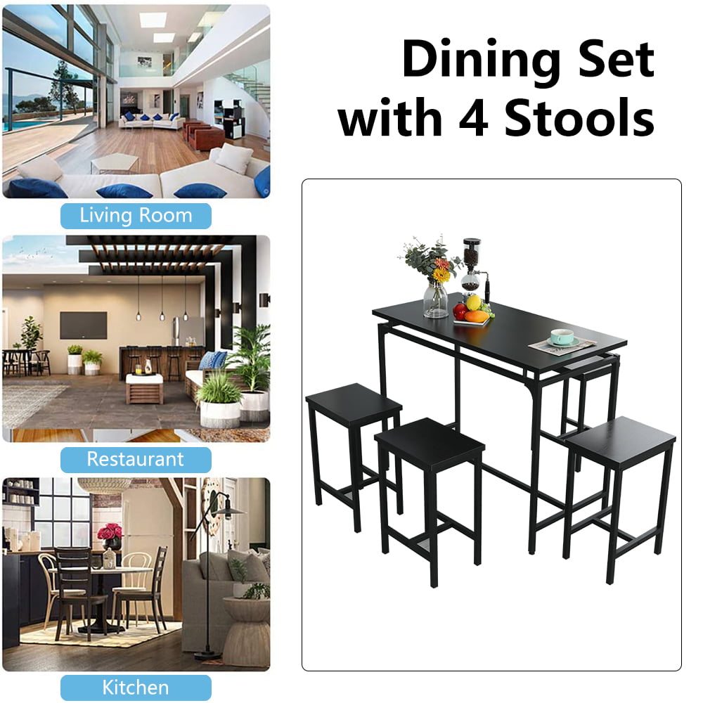 Counter Height Dining Set, 5 Pieces Dining Table Set with 4 Stools, Black Kitchen Tables Set for Small Spaces, Contemporary Bar Table Set for Breakfast Nook, Dining Room