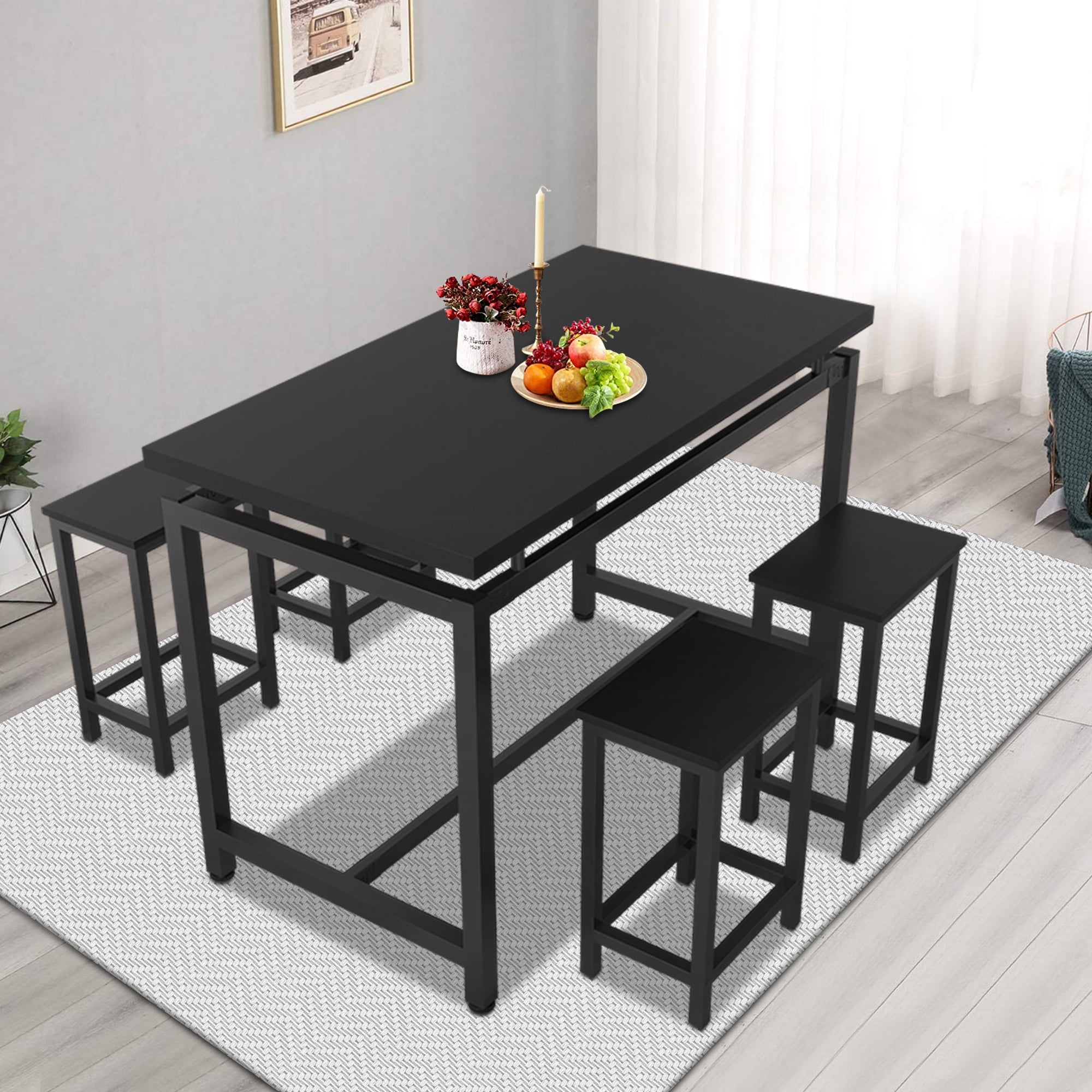 Counter Height Dining Set, 5 Pieces Dining Table Set with 4 Stools, Black Kitchen Tables Set for Small Spaces, Contemporary Bar Table Set for Breakfast Nook, Dining Room