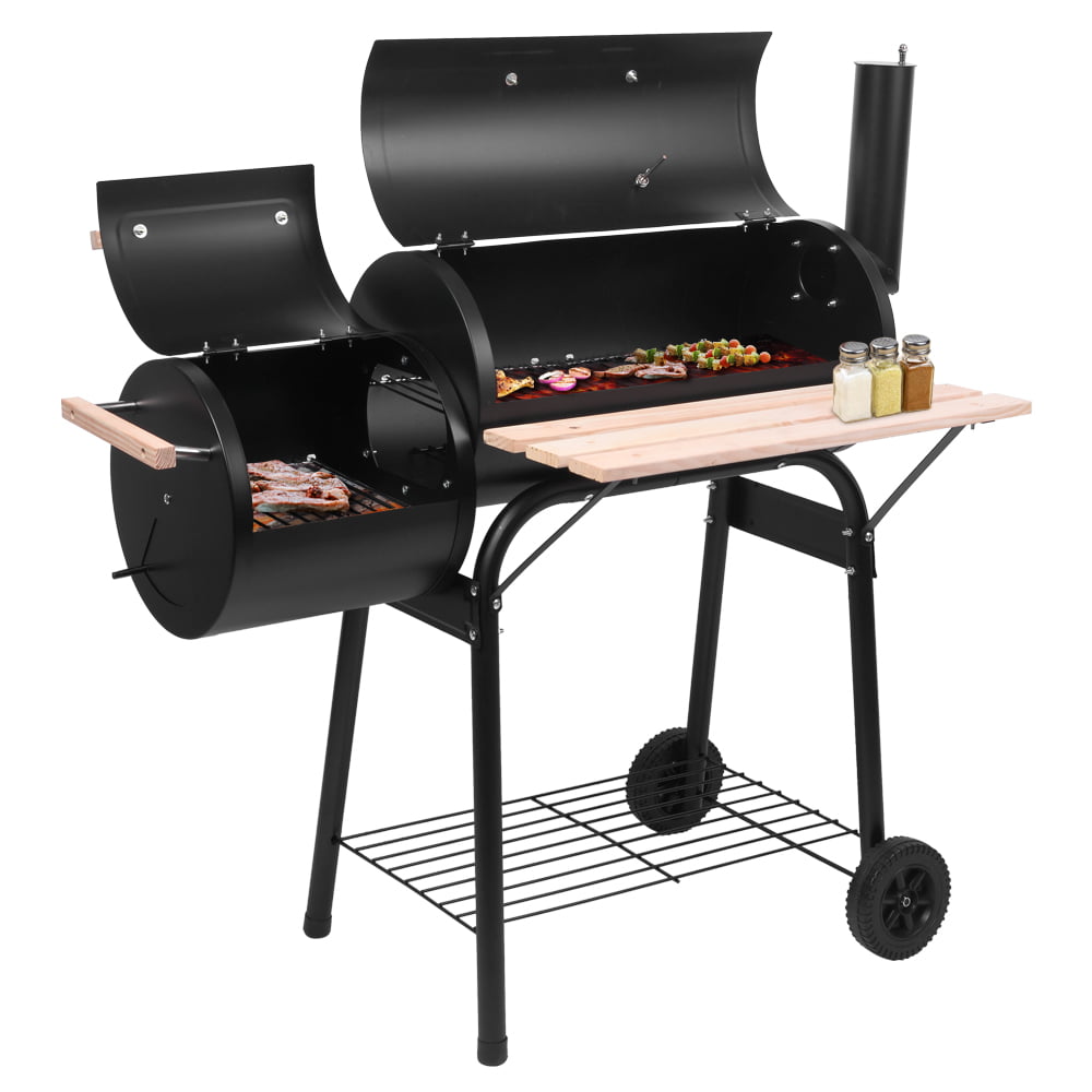 Charcoal Grill, Portable Charcoal Grill and Offset Smoker, Stainless Steel BBQ Smoker with Wood Shelf, Thermometer, Wheels