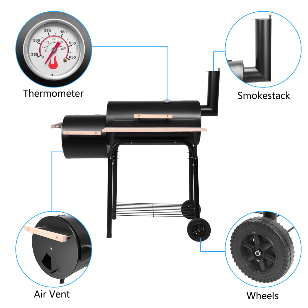 Charcoal Grill, Portable Charcoal Grill and Offset Smoker, Stainless Steel BBQ Smoker with Wood Shelf, Thermometer, Wheels