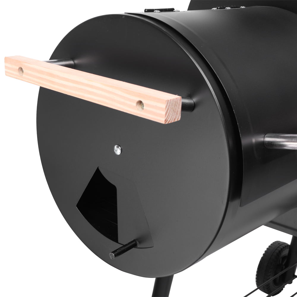 Charcoal Grill, Portable Charcoal Grill and Offset Smoker, Stainless Steel BBQ Smoker with Wood Shelf, Thermometer, Wheels