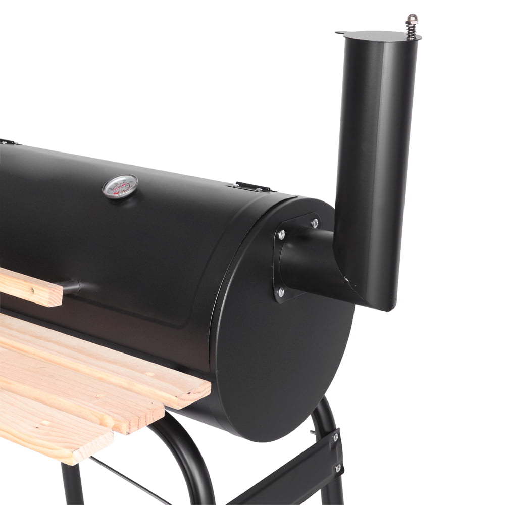 Charcoal Grill, Portable Charcoal Grill and Offset Smoker, Stainless Steel BBQ Smoker with Wood Shelf, Thermometer, Wheels