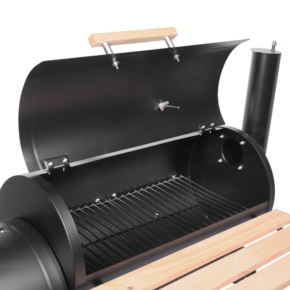 Charcoal Grill, Portable Charcoal Grill and Offset Smoker, Stainless Steel BBQ Smoker with Wood Shelf, Thermometer, Wheels