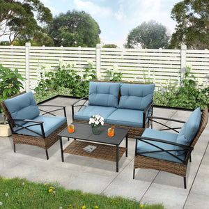 Outdoor Furniture Bistro Set, 4 Pcs Wicker Patio Chat Set with Soft Cushion and Double-Tier Tea Table, Newest Front Porch Furniture Set, Backyard Deck Garden Patio Conversation Set