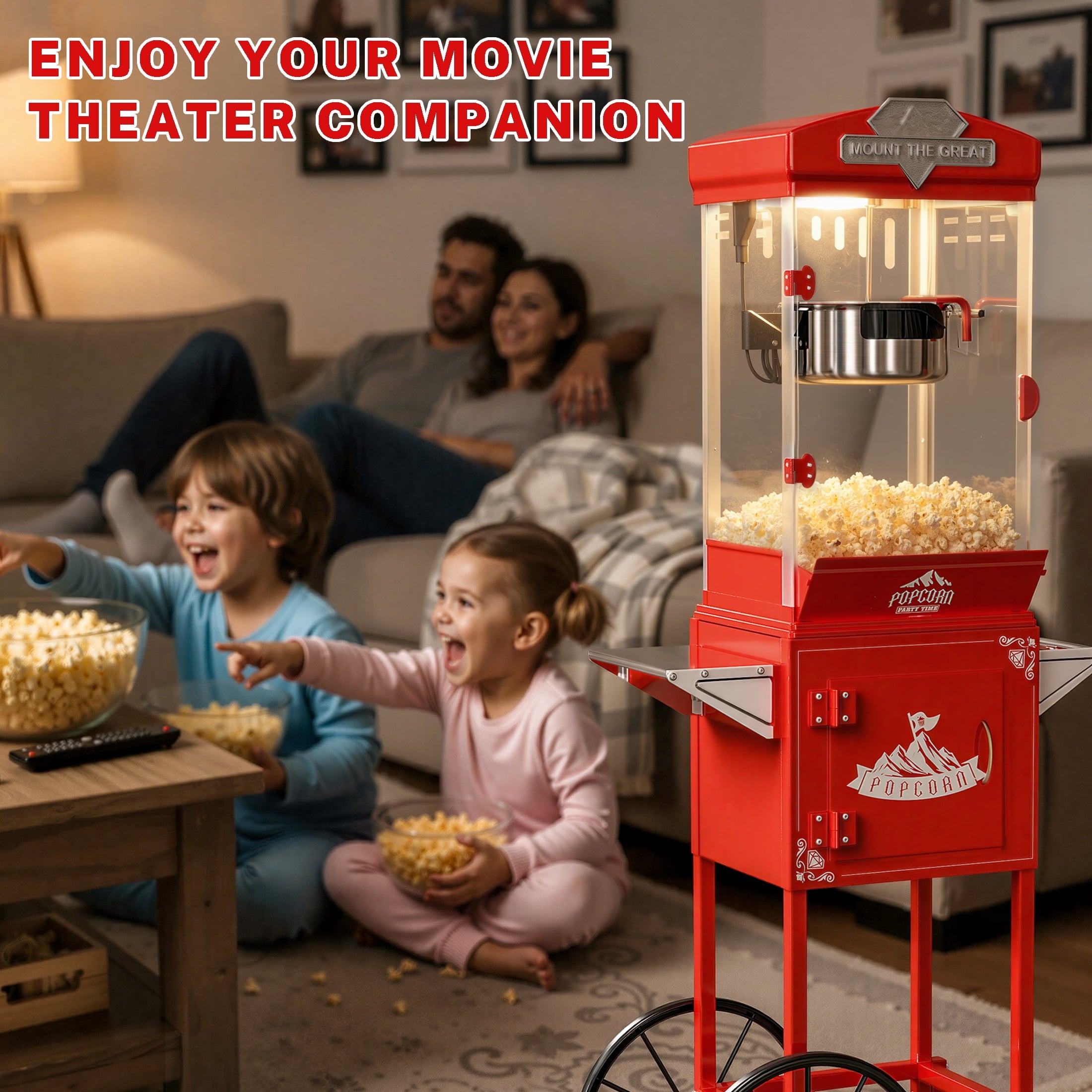 10 OZ Popcorn Machine, ENYOPRO Popcorn Maker with Cart, 40-Cup Capacity, Removable Stainless Steel Kettle, Perfect for Home Theater, Party, Wedding & Birthday, Red