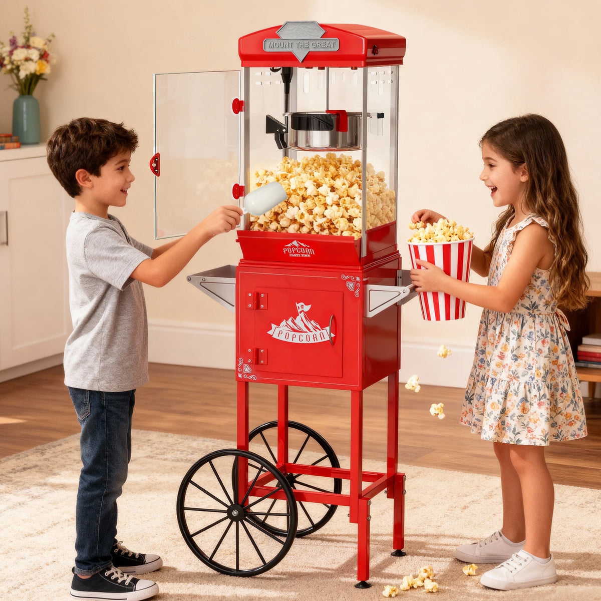 10 OZ Popcorn Machine, ENYOPRO Popcorn Maker with Cart, 40-Cup Capacity, Removable Stainless Steel Kettle, Perfect for Home Theater, Party, Wedding & Birthday, Red