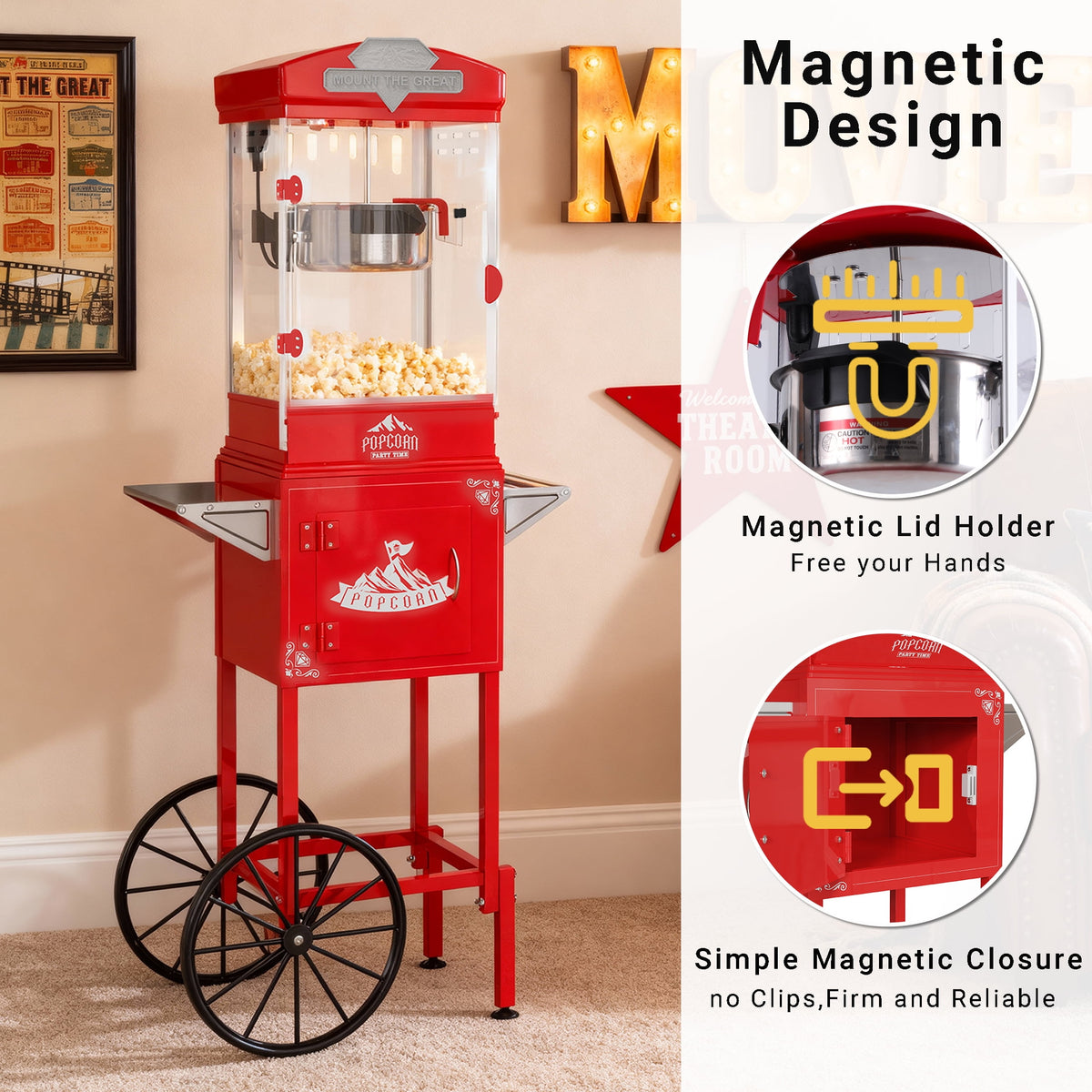 10 OZ Popcorn Machine, ENYOPRO Popcorn Maker with Cart, 40-Cup Capacity, Removable Stainless Steel Kettle, Perfect for Home Theater, Party, Wedding & Birthday, Red
