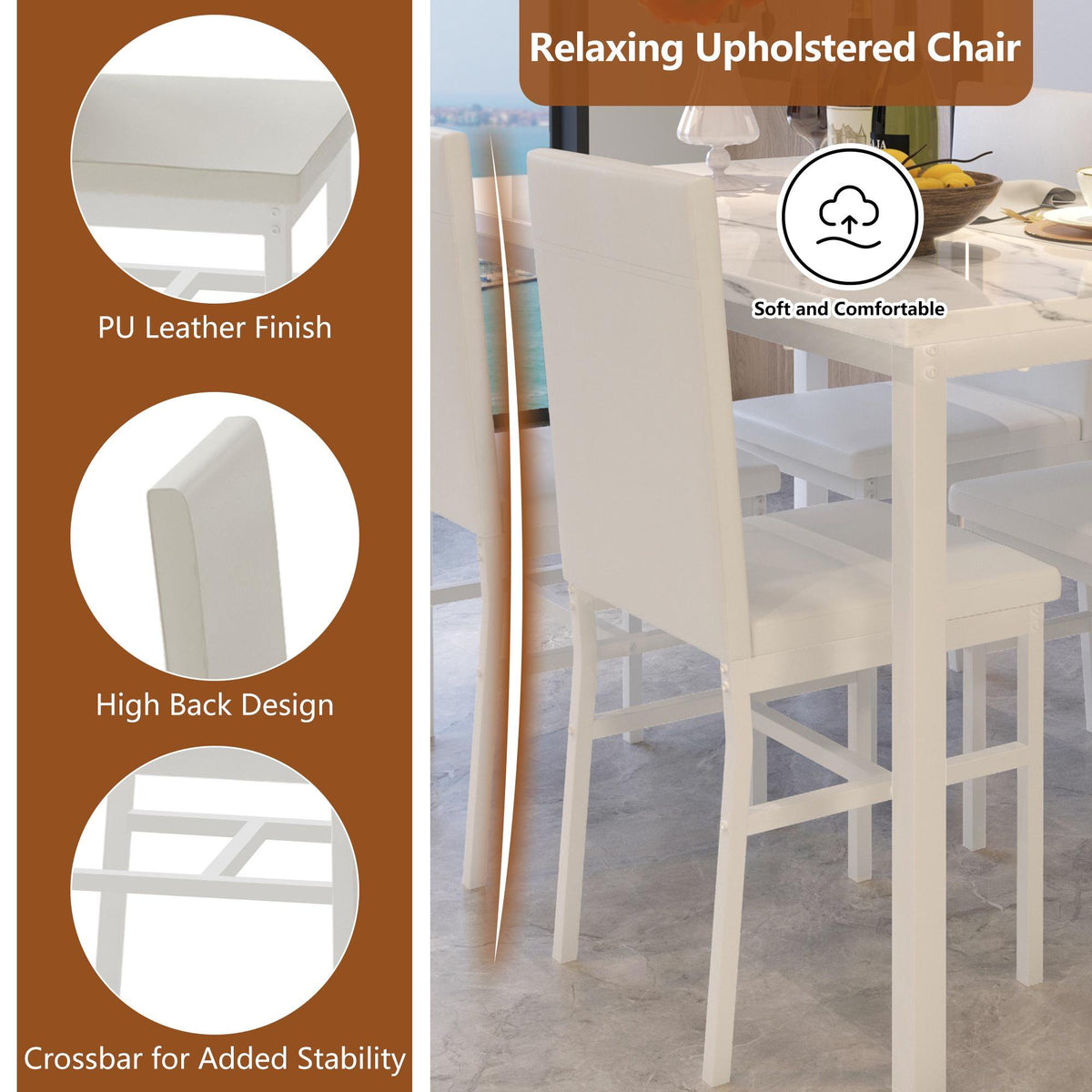 Dining Room Table Set for 4, Kitchen Table Set with 4 PU Upholstery Chairs, Modern Faux Marble Top Finish Dining Set for Bar, Breakfast Nook, White