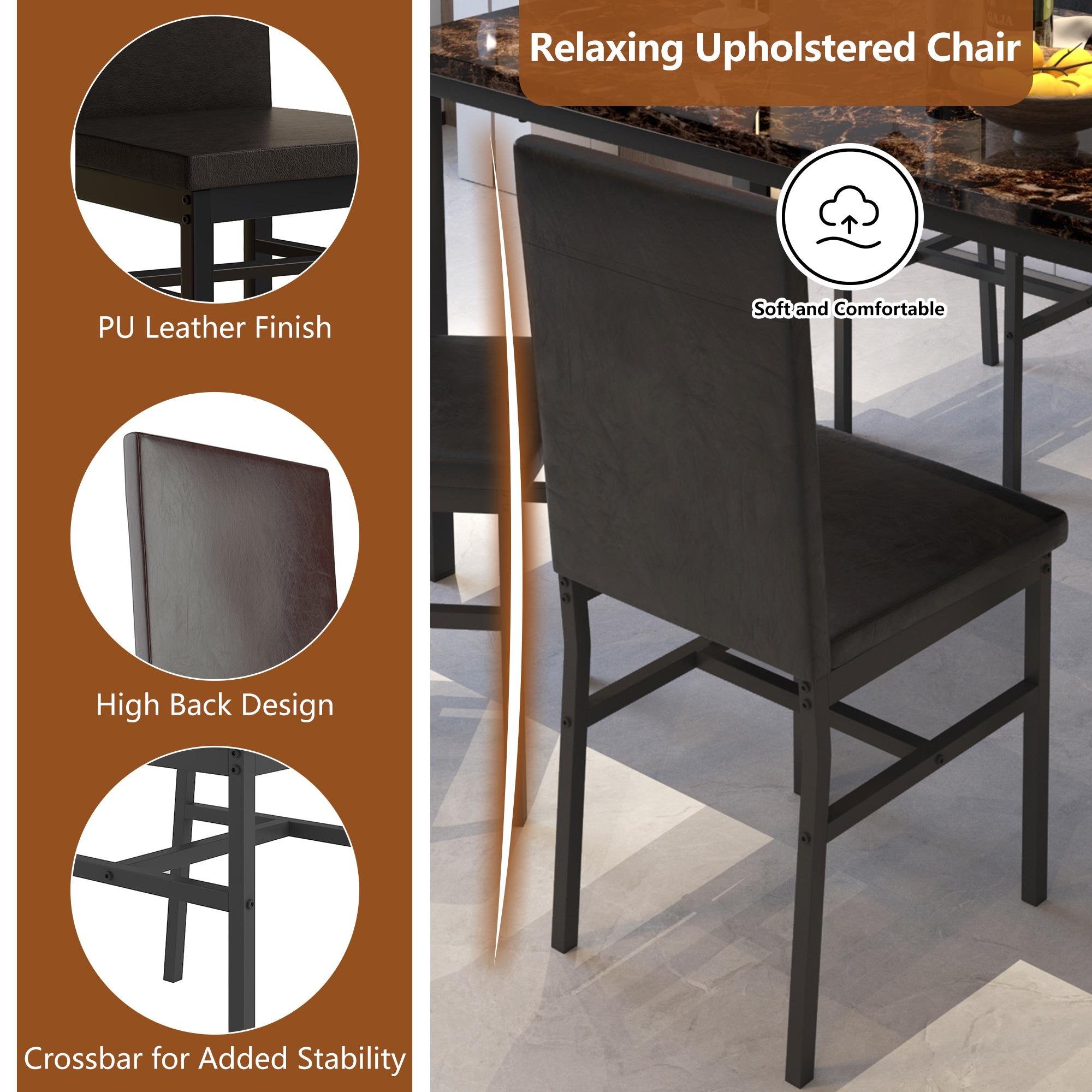 Dining Room Table Set for 4, Kitchen Table Set with 4 Upholstery Chairs Chairs, Modern Faux Marble Top Finish Dining Set for Bar, Breakfast Nook, Brown