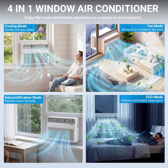 10,000 BTU Portable Window Air Conditioner w/ 4 Modes - Cools up to 450 Sq. Ft, Air Conditioners w/ Washable Filter & Adjustable Window Fit, Energy Saving 27%