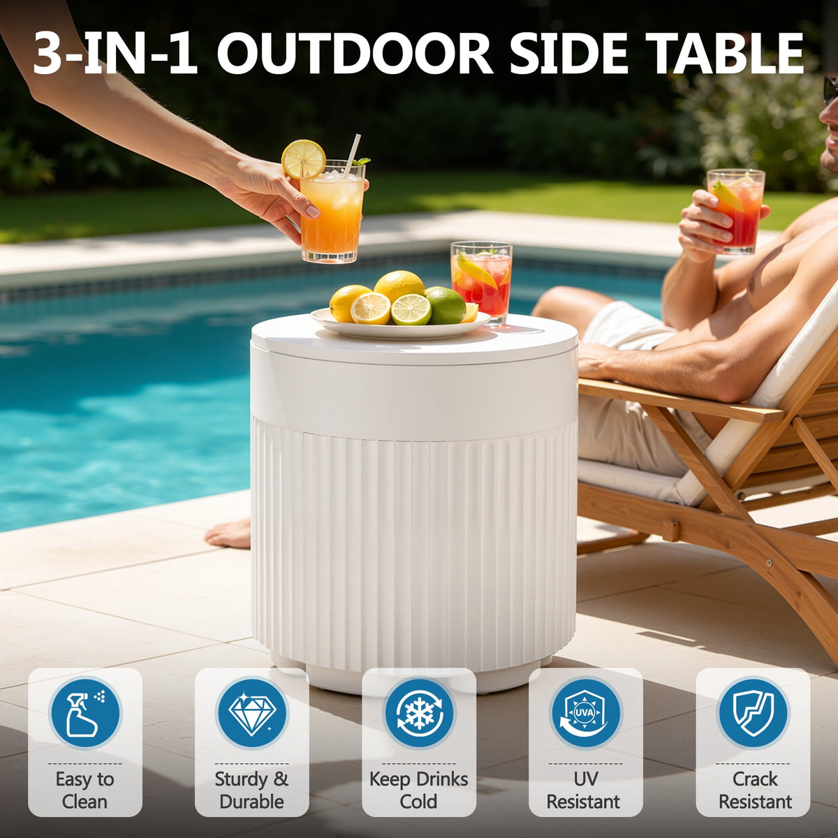 Enyopro 3-in-1 Outdoor Cooler Side Table, 10Gal HDPE Insulated Patio Table with Storage for use as Party, Patio Decor for Deck Poolside Garden, White