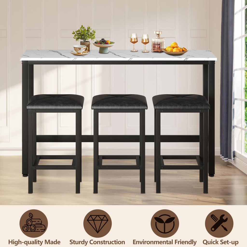 4 Pieces Dining Table Set, Extra Long Bar Table Set with 3 Upholstered Stools, Kitchen Tables Set for Small Spaces, Breakfast Nook, Dining Room, Restaurant, White