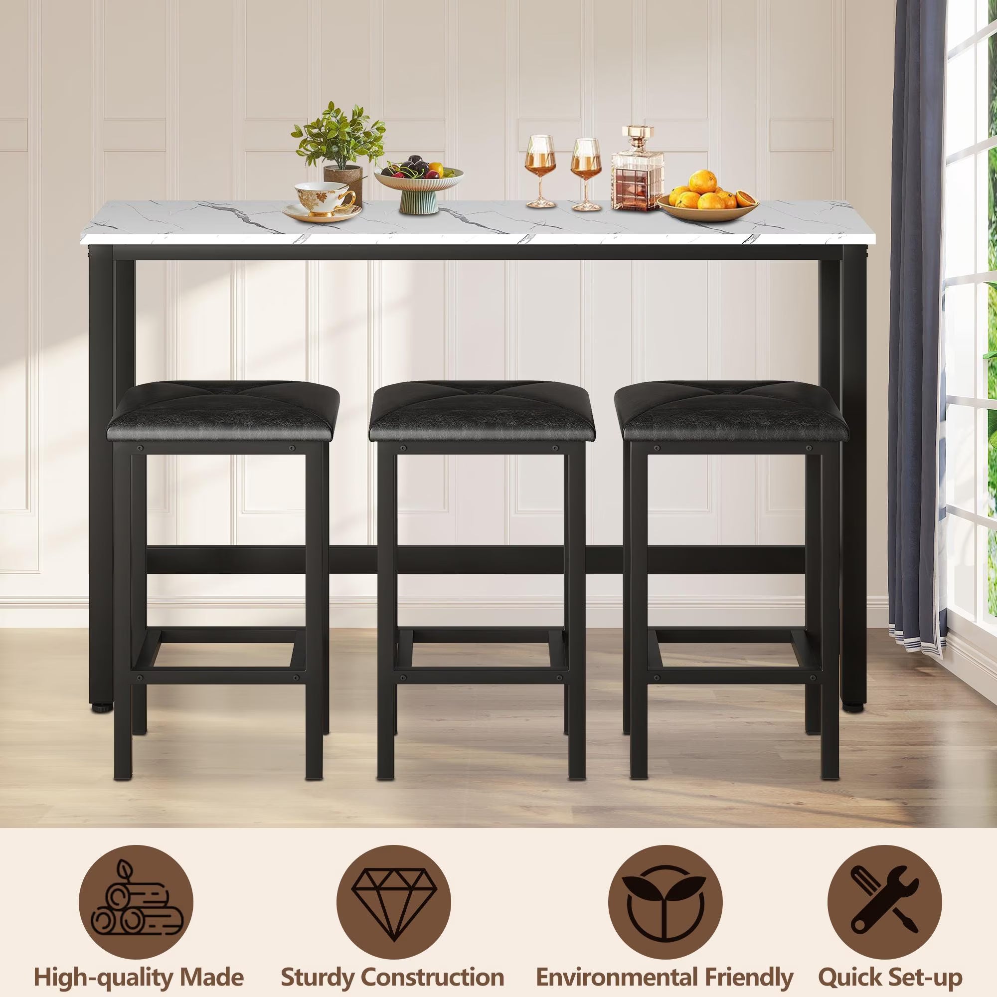 4 Pieces Dining Table Set, Extra Long Bar Table Set with 3 Upholstered Stools, Kitchen Tables Set for Small Spaces, Breakfast Nook, Dining Room, Restaurant, White