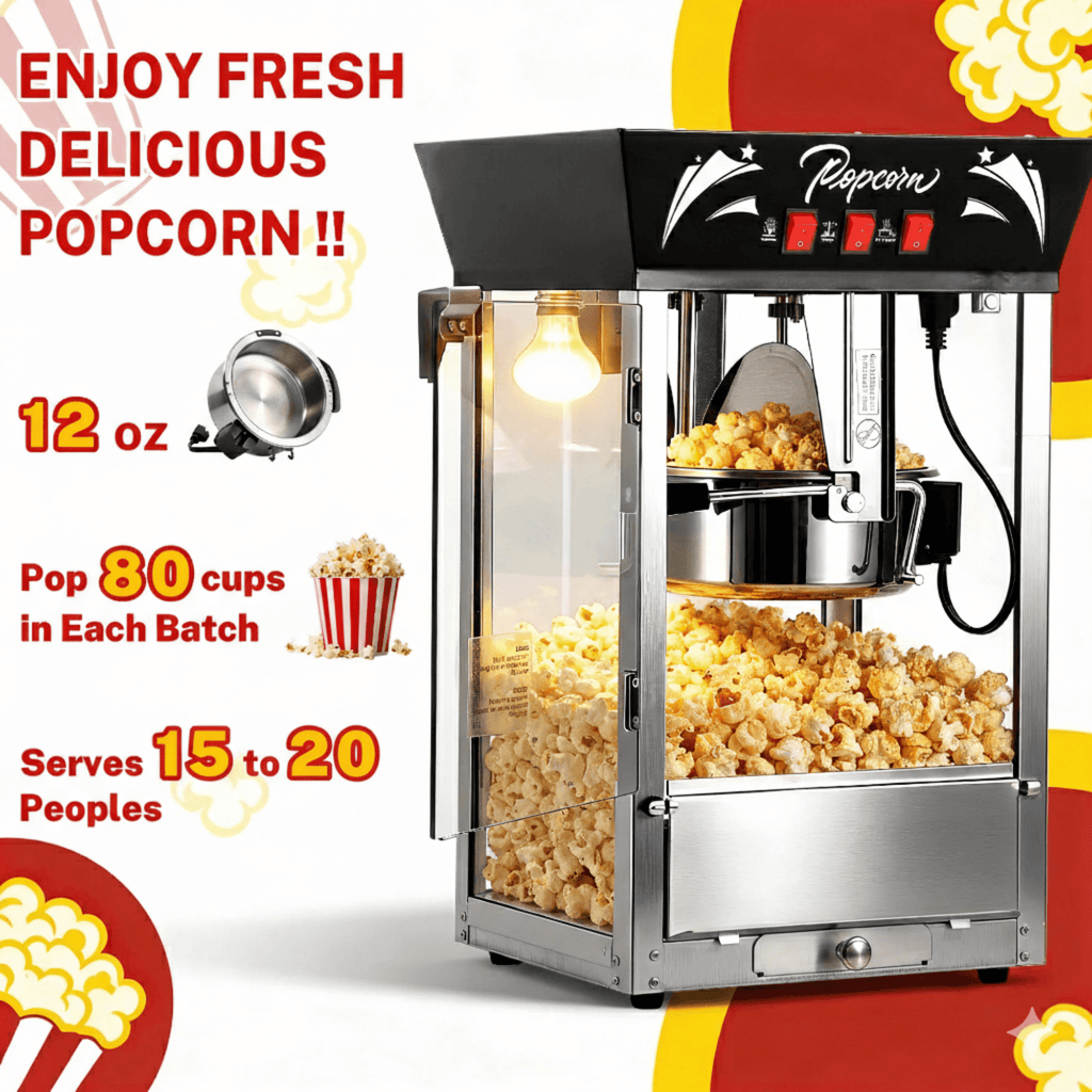Popcorn Machine Commercial, Enyopro 12oz Kettle Stainless Steel Popcorn Machine with Tempered Glass, Warming Deck, 850W Countertop Popcorn Popper for Home, Movie Theatre, Parties