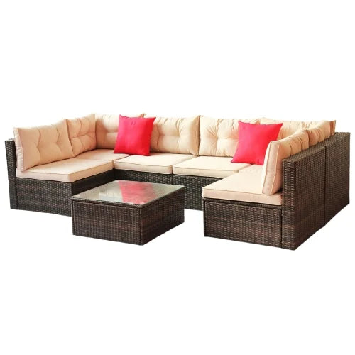 ENYOPRO 7-Piece Outdoor Patio and Garden Set, Modular Outdoor Casual Set with Coffee Glass Table and Cushions, Suitable for Patios, Gardens, Backyards, and Poolside (Light Brown)