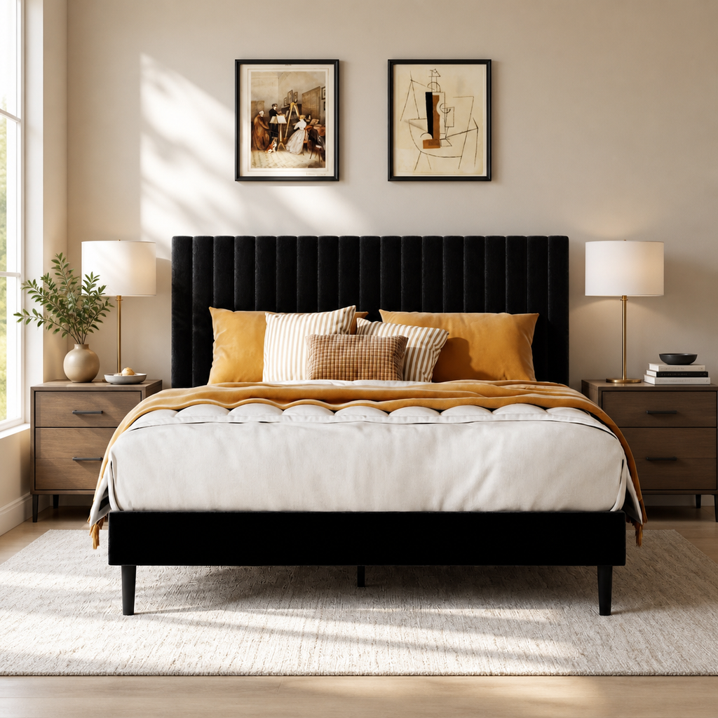 SESSLIFE Full Size Bed Frame with Adjustable Headboard, Velvet Upholstered Platform Bed Frame with Heavy Duty Support, No Box Spring Needed, Quiet Stable Slats, Modern Tufted Headboard, Black