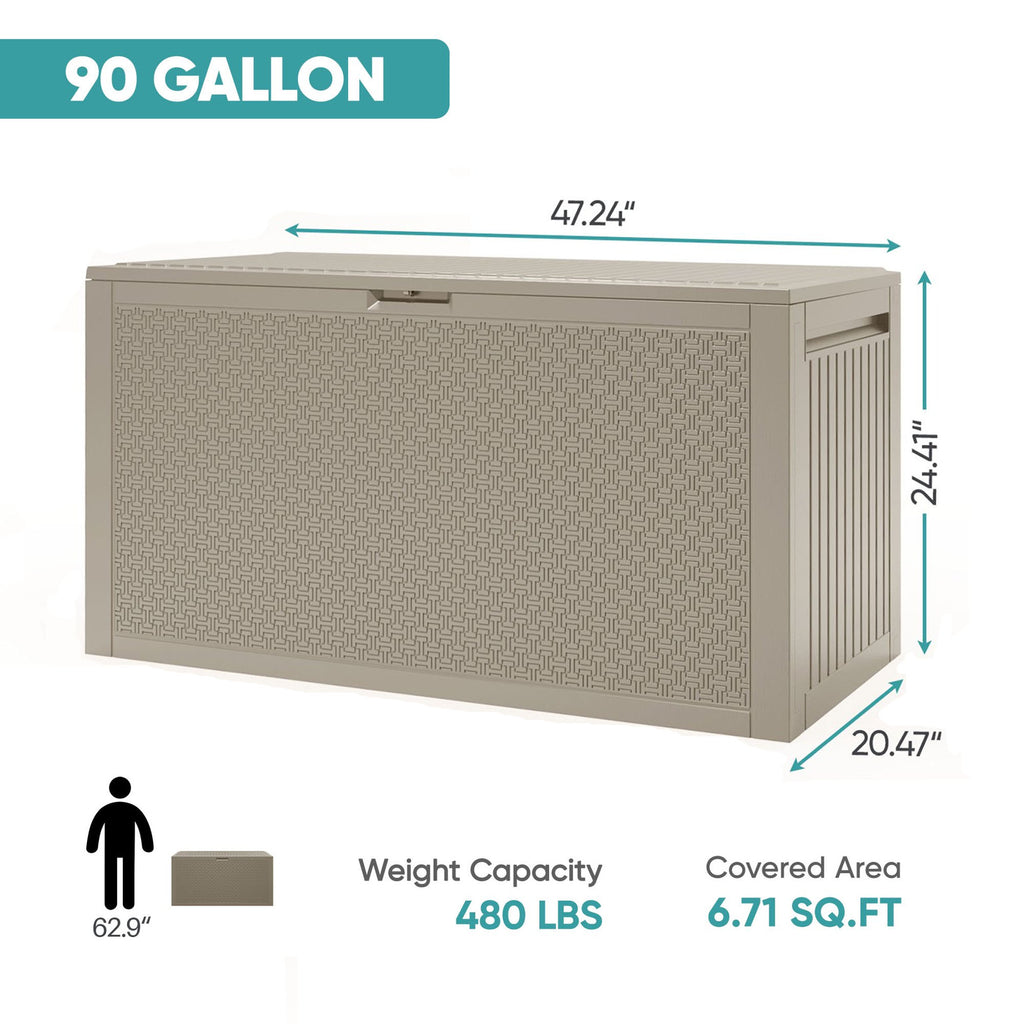 Enyopro 90 Gallon Deck Box, Organization and Storage Box for Patio Furniture Outdoor Cushions, Throw Pillows, Garden Tools and Pool Toys, Light Brown