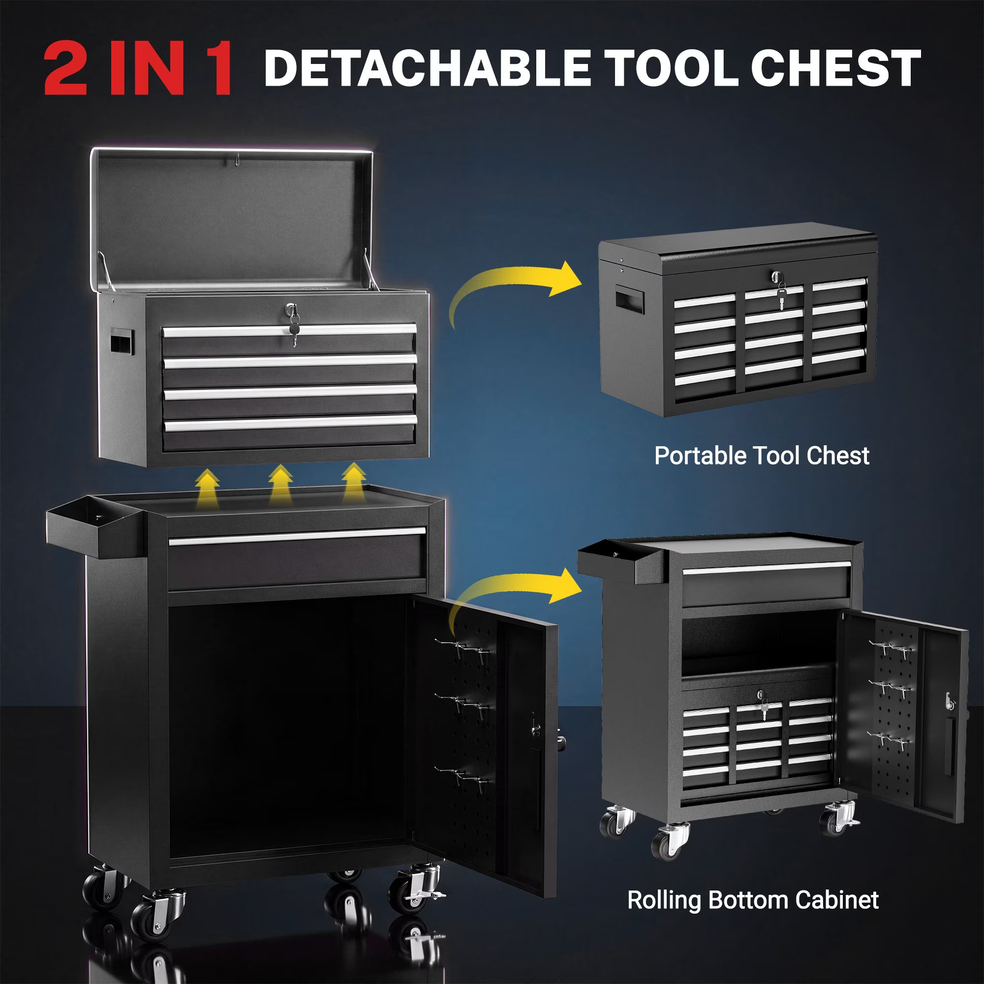 5-Drawer Rolling Tool Chest, Stainless Steel Tool Box with Brake Wheels and 4 Drawers, Black Detachable Tool Cart, Black
