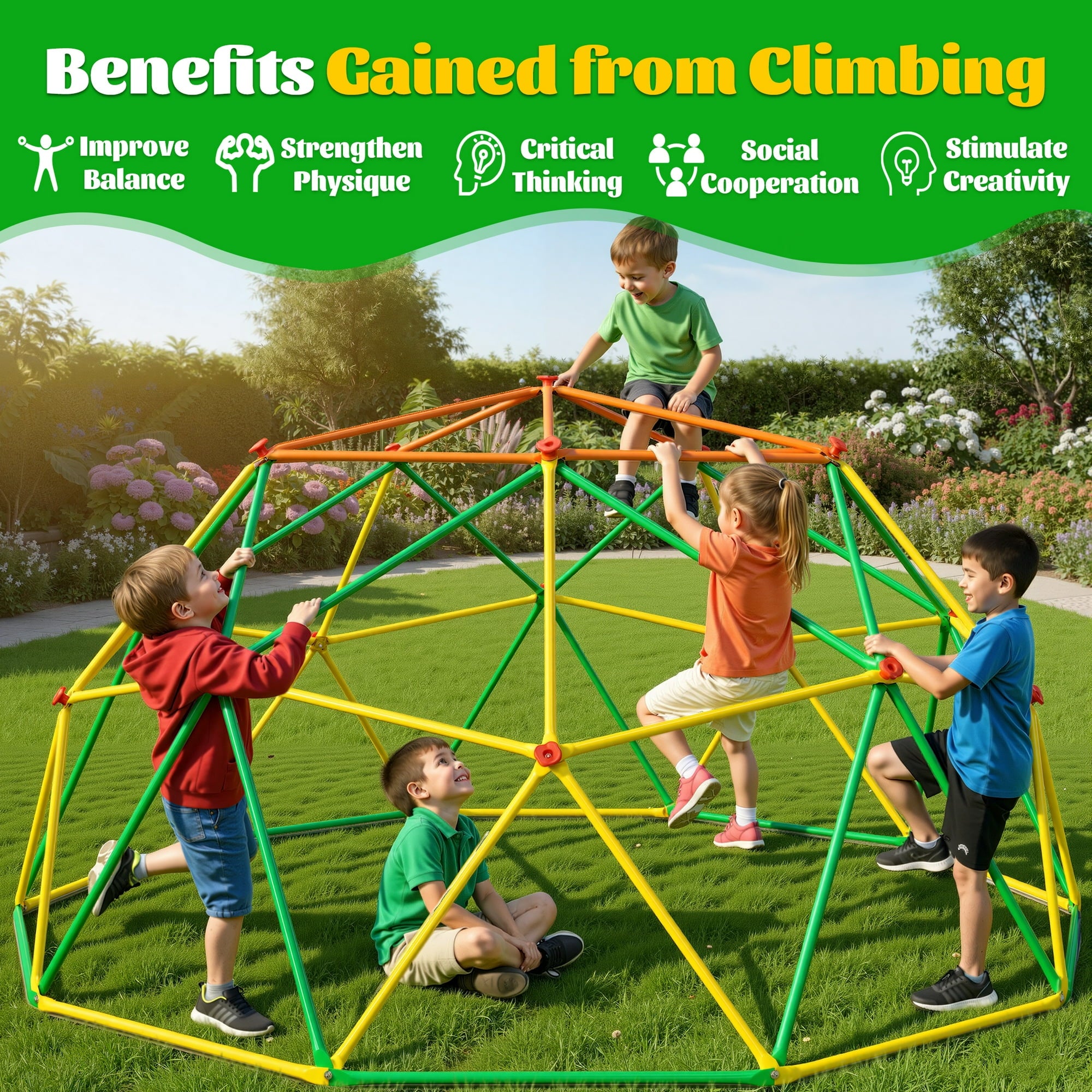 ENYOPRO 10ft Outdoor Climbing Dome, Kids Universal Exercise Dome Climber, Max 1000lbs Climbing Toys for Outside, Rust & UV Resistant Steel Climbing Structures, for 3-10 Years Old, Red + Yellow